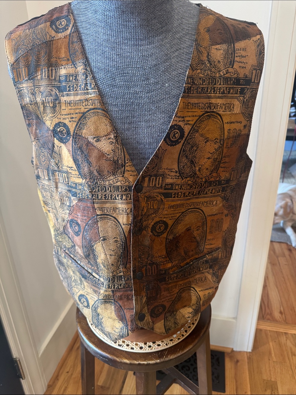 Vintage Style 100% Leather Money Print Vest - Size XL